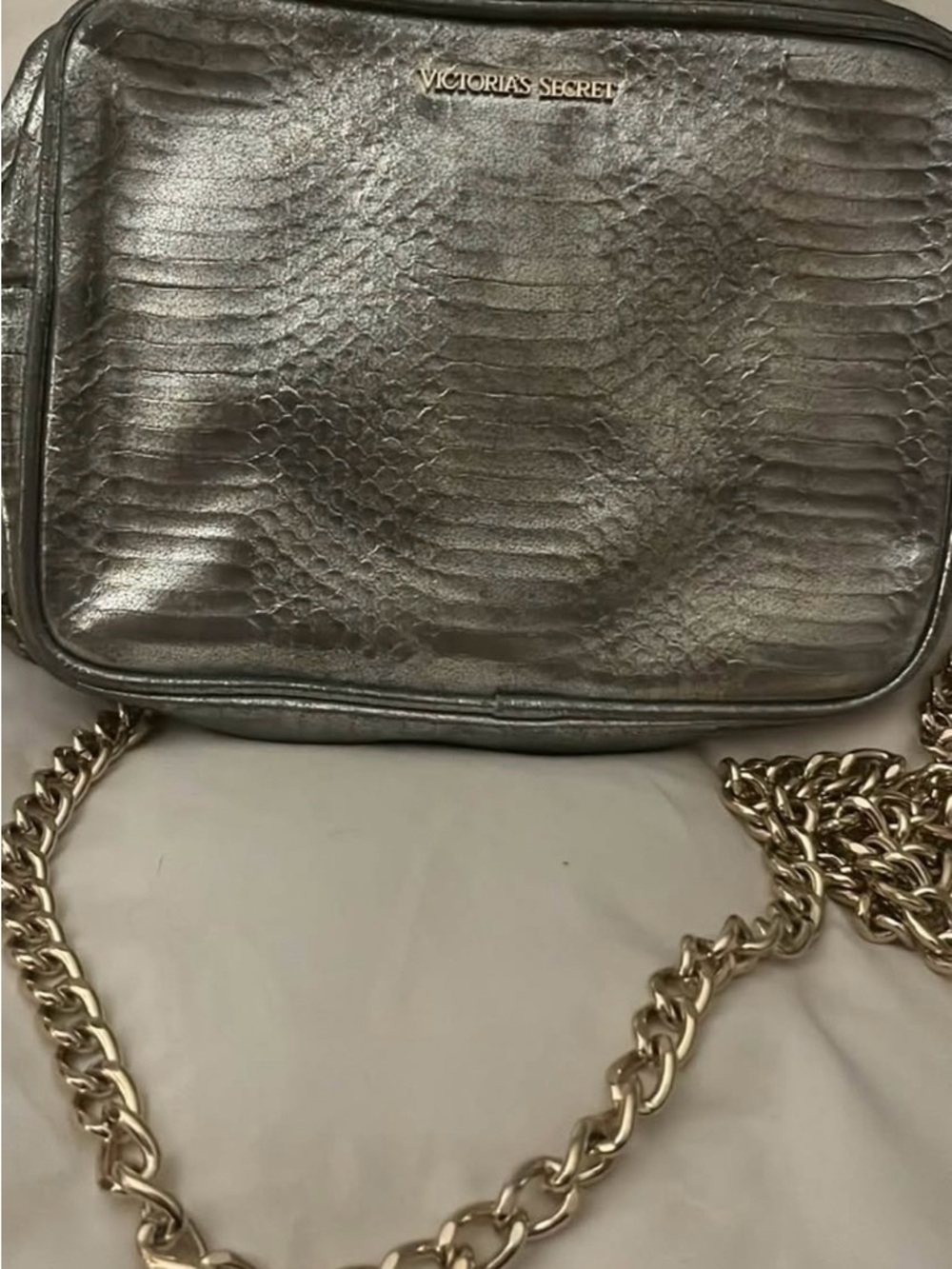 Victoria's Secret Silver Snake-Embossed Crossbody with Gold Chain